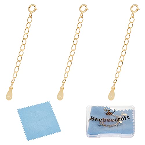 Beebeecraft 3pcs Rallonges de Collier en Or 925 Bracelets de Cheville en Argent Sterling Chaîne D'Extension avec Fermoirs à Ressort et Breloques en Forme de Larme pour Fabrication de Bijoux, 2 Pouce Cover