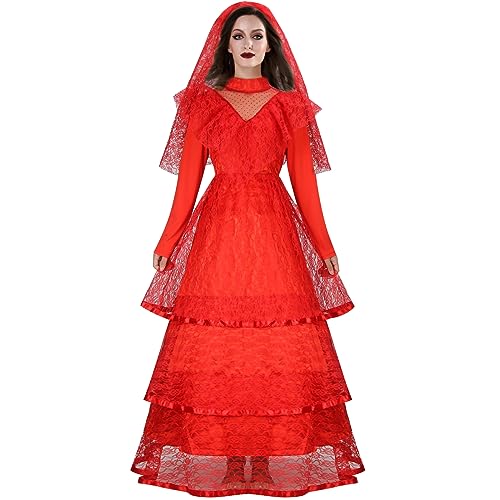 LIKUNGOU Braut Lydia Rotes Hochzeitskleid Kostüm für Frauen Halloween Gothic Spitze geschichtet Kleid mit Brautschleier Cosplay Outfit (L)
