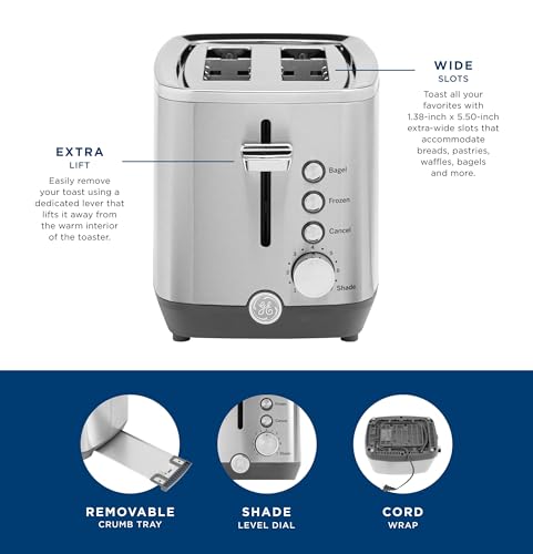 GE 2 Slice Stainless Steel Toaster, Extra Wide Slots for Toasting Bagels, Breads, Waffles & More, 7 Adjustable Shade Settings, Removable Crumb Tray, Countertop Kitchen Essentials, 850 Watts