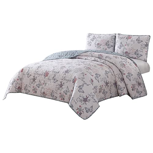 Quaint Home Live Laugh Love 3-Piece Queen Quilt Set, Purple/Blue/Pink/White #TOP5