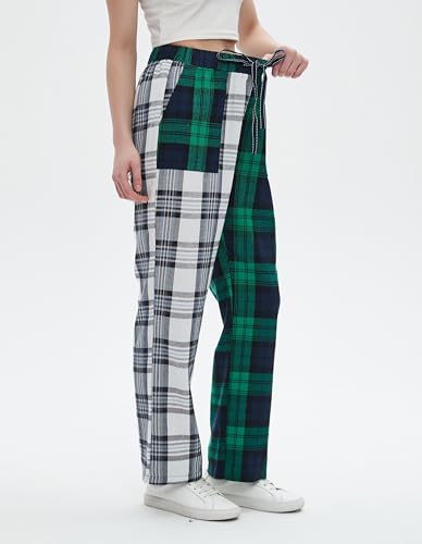 LifeShe Women Tartan Plaid Print Pants Drawstring Elastic Waist Christmas Pant Baggy Straight Leg Trousers3