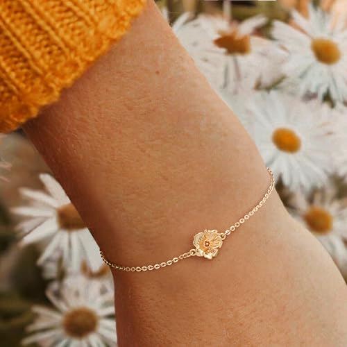 MYEARS Birth Flower Bracelets for Women Gold Sideways Charm 12 Months 14K Simple Dainty Chain Floral Jewelry Gift3