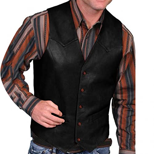 Men's V Neck Western Cowboy Vest Faux Leather Suit Vest Button Down Waistcoat Slim Fit Vintage Sleeveless Vest Jacket2