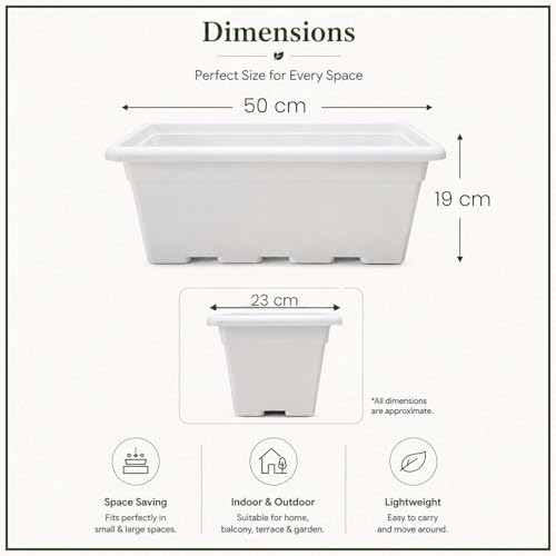 Image of Go Hooked Jupiter Window Planter Pot Pack of 12 | 20 Inch White Plastic Rectangular Flower Pot for Indoor Outdoor Plants Balcony Garden Home Decor | Decorative Window Plant Container L50xW23xH19 Cm