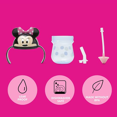 Image of The First Years Disney Minnie Mouse Weighted Straw Cup - Spill Proof Toddler Cups with Flip Top Cover and Silicone Straw - Dishwasher Safe - 7 Oz - 6 Months and Up (Pack of 12)
