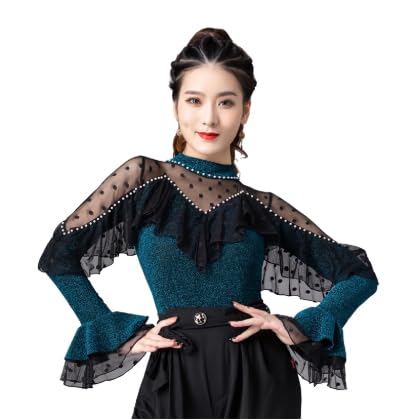 Yhhsgscr Glitter Knit Ballroom Dance Top Bell Long Sleeve Waltz Training Blouse for Women National Standard Bodysuit,Blue,M