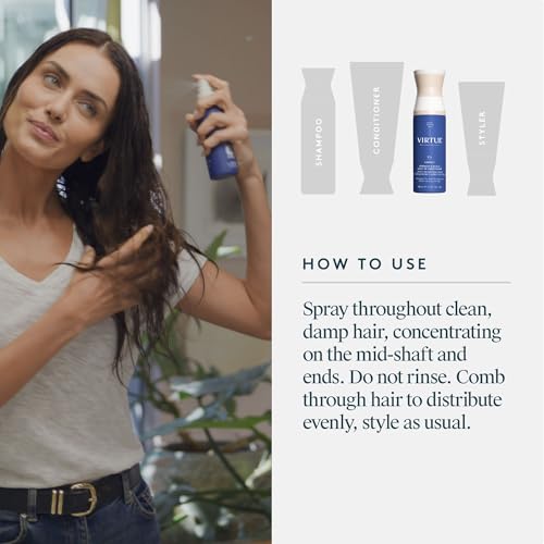 Image of VIRTUE Correct Strength & Shield Leave-In Conditioner Spray, 2 Fl Oz | Detangler, 450F heat protection, UV defense, travel size, all hair types, repairs with Alpha Keratin 60KU, coconut fragrance