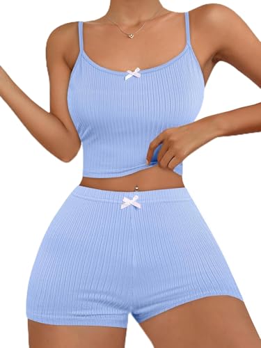 Image of Hilinker Womens Graphic 2 Piece Pajama Set Summer Cute Crop Cami and Shorts Ribbed Lounge Sets