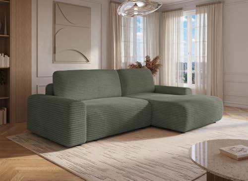 DecoInParis Canapé d'angle Droit Convertible avec Coffre en Velours côtelé épais Vert Kaki Bali - Angle Droit