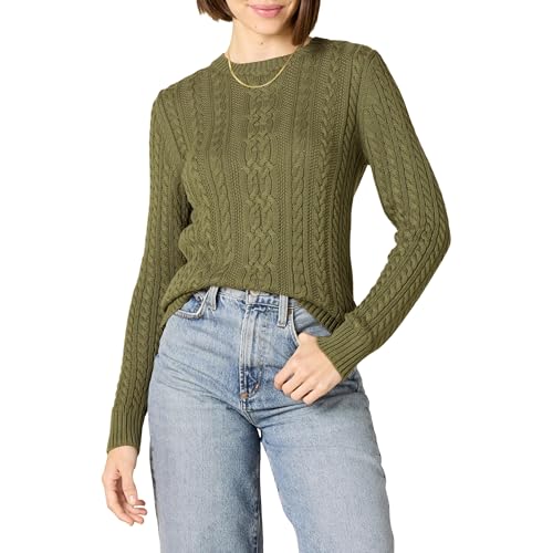 Image of Amazon Essentials Women's Regular Fit Soft Cotton Cable Knit Ribbed Crewneck Sweater (Available in Plus Size)
