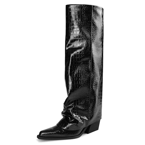 Image of Women's Fold Over Knee High Boots Wide Calf Chunky Heel Long Boots | Women Pointed Toe Tall Boots, Fashion Slouchy Boots, Side Zipper Shark Boots, Dress Tall Boots for Fall Spring Winter