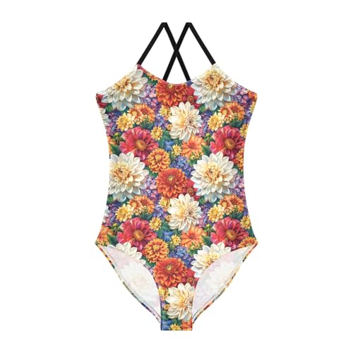 senya Girls Swimsuits One-Piece Swimwear Tie Bathing Suit Beach Summer Round Neck 7-8T Multicolored Dahlia Flowers Pattern