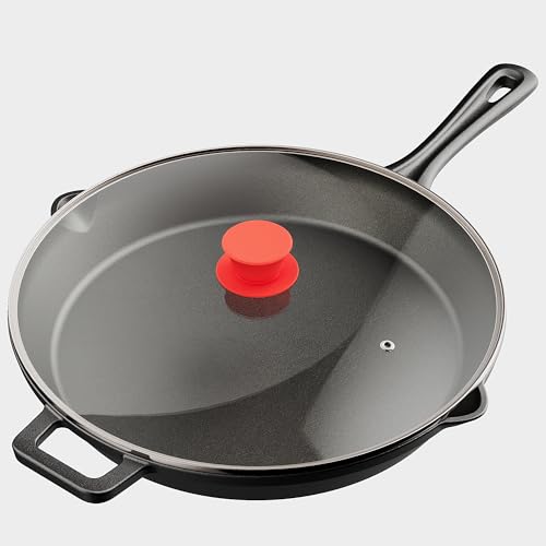 Bakken Pre Seasoned Cast Iron Skillet with Glass Lid & Silicone Handle, 15.5