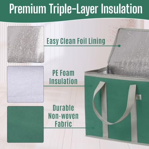 Image of 2 Pack Large Insulated Bag with Reinforced Lid and Handles, Foldable Cooler Stand Up Shopping, Thermal Reusable, Durable Meal (Green, Pack of 2)