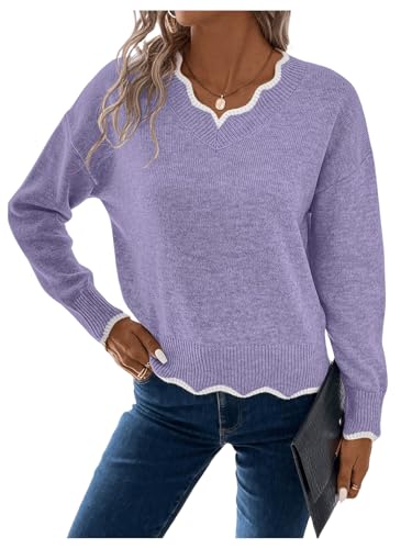 MakeMeChic Women's 2024 Fall Sweaters Long Sleeve Lettuce Trim Lightweight Ribbed Knit Casual Pullover Sweater Tops3