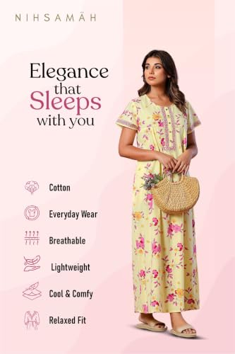 Image of NIHSAMAH Cotton Nighty for Women with Pocket, Premium Printed Long Nighty | Comfortable & Fancy Sleepwear /Nightwear