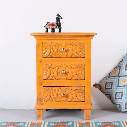 Image of Wooden Bedside Table for Bedroom | Solid Wood Astha Bedside Table with Drawers | Corner Side Table for Living Room | Traditional Handcrafted Furniture for Home Decor (Orange Distress)