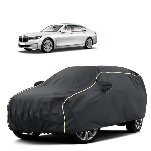Image of Sulfar 100% Water Resistant Car Body Cover Compatible with Mirror for BMW 7 Series (Triple Stitched, Full Bottom Elastic, Dark Grey Tafetta with Yellow Piping)
