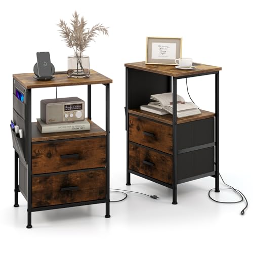 COSTWAY Table de Chevet avec Prise, Table d'Appoint avec Station de Charge, 2 Tiroirs Pliables, 6 Poches Latérales, Chevet de Lit pour Chambre, Salon, Marron...