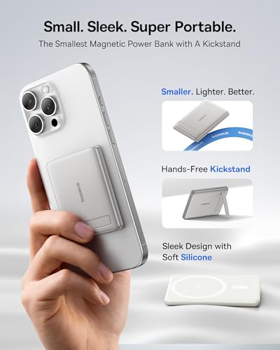 Image of Baseus Picogo Power Bank, Smallest Qi2 Certified 15W MagSafe Portable Charger, 0.5 inch Ultra Slim 5000mAh Magnetic Battery Pack with Stand, Alloy Wireless Charger for iPhone 17 Pro Max /17 Air /16 Series