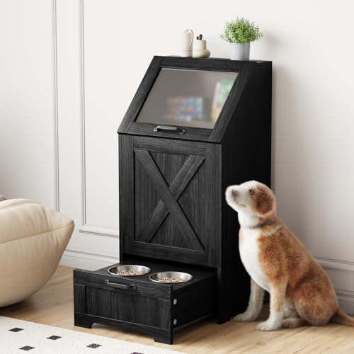 Dog Feeding Station Dog Food Storage Cabinet Pet Feeding Station with 2 Elevated Bowls Hidden Pet Feeder Station with Hooks Flip Top Pet Storage Organizer for Water Feeding (Black)