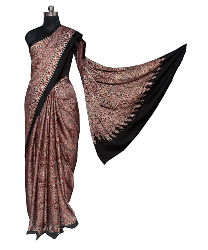 Image of Ethnics of Kutch Womenss Ajrakh Modal Silk Natural Dye Hand Block Print Saree with Blouse Piece - 5.5 Mtr Length