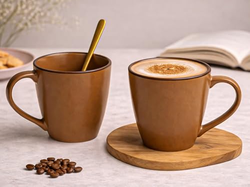 Image of Bodhi House Handcrafted Ceramic Coffee Mug Set of 2 Pieces (350 Ml) Stoneware Tea Cup Microwave Safe Large Milk Mug, Glossy Finish, Ideal for Daily use, Casual Gatherings and Gifting, Terracotta Brown