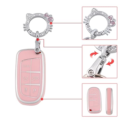 Image of Pangpai Pink Key Fob Cover for Jeep, Soft TPU Key Case Protection with Bling Keychain Fit for Jeep Grand Cherokee Renegade Wrangler Patriot Grand Commander
