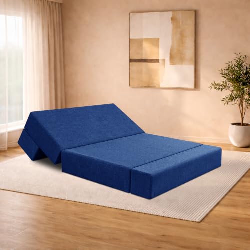 Image of Velvet 3-Seater Apsen Sofa Bed with Tufted Sleeper Couch with Adjustable Backrest- Living Room Furniture - Blue Color