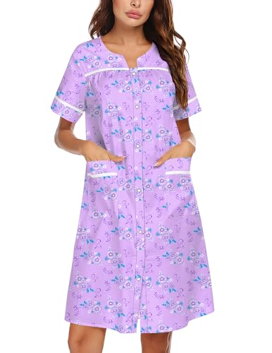 Image of Ekouaer Nightgowns for Women House Dress with Pockets Snap Front House Coat Short Sleeve Duster Moo Moos Sleepwear S-3XL