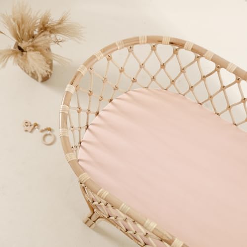 Image of GRSSDER Stretchy Ultra Soft Fitted Bassinet Sheet 2 Pack, Universal Fit for Bassinets Baby Cradle Moses Basket Oval Rectangle Mattress Safe and Snug, Jersey Bassinet Sheets for Girls, White /Pink