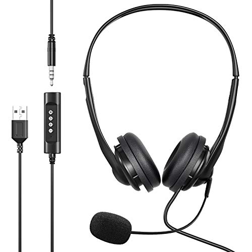 USB Computer Headset with Microphone for Laptop, [2021 Upgraded] Newaner 3.5mm Retractable Noise Cancelling, Lightweight PC Wired Headphones, Business Headset for Skype, Webinar, Call Center, School