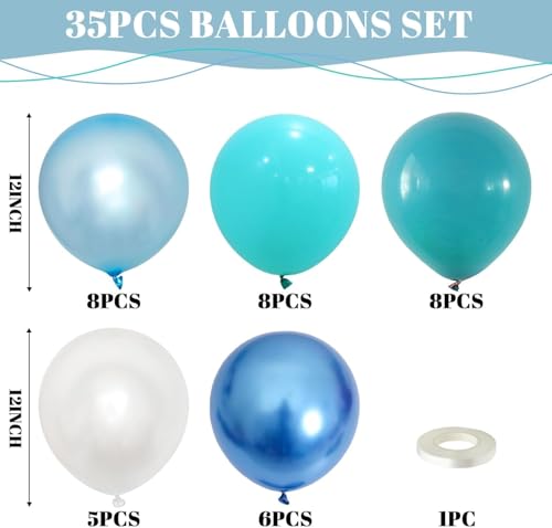 Image of Teal Blue White Balloons 12Inch Under The Sea Balloon Ocean Balloons Turquoise Pearl Metallic Blue and White Latex Balloon for Boys Men Birthday Baby Shower Pool Beach Party Decorations