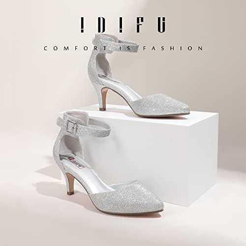 IDIFU Women's IN3 D'Orsay Pumps Low Kitten Heels for Women Dress Shoes Pointed Closed Toe Wedding Bride Ankle Strap Dressy Silver Black Nude White Gold Heels for Women2