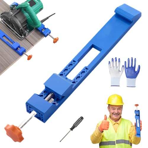 Adjustable cutting machine base guide with clamp, tools, and safety gloves, featured in a gaming desk review context.