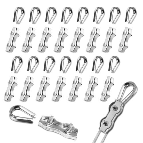 PuretéavHom 32 Stück M2 Drahtseilklemmen Set mit 16 Stück Seilklemme 2mm & 16 Stück Drahtseil Kauschen 2mm Edelstahl 304 Duplex Klemme Drahtseil Clip für Stahlseil 2mm Wäscheleine Markise Fixiert