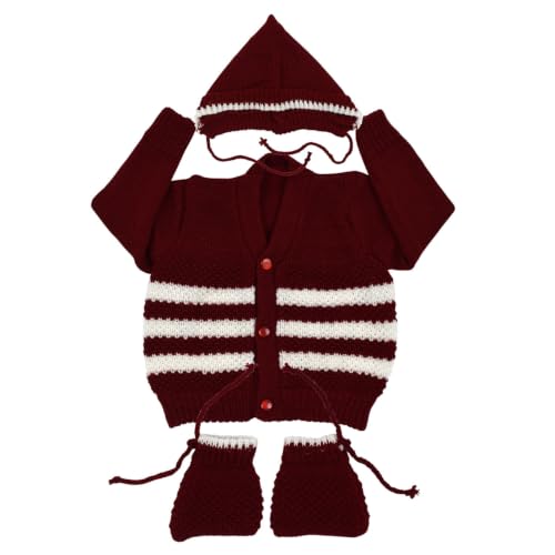 Image of Babies Woolen Sweater for Boys and Girls 6 to 12 Months, Maroon, Long Sleeve, V-Neck, 3 Pcs Set with Cap and Socks