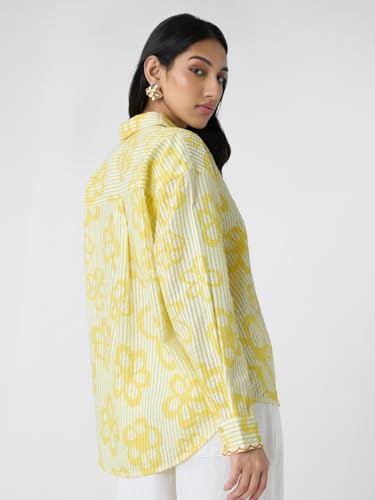 Image of The Souled Store Hello Sunshine Women and Girls Long Sleeves Collared Neck Button Front Yellow Embroidered Cotton Boyfriend Shirts