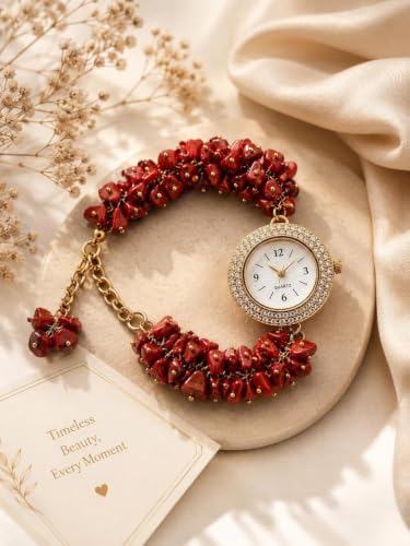 Image of ARKN Crystal Bracelet Watch for Women | Natural Gemstone Beaded Wrist Watch | Gold-Tone Dial with Rhinestone Bezel | Adjustable Fashion Jewellery Gift for Women & Girls