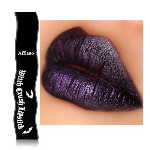 Purple Shimmer Goth Lipstick (Matte Black Base) - High Coverage Velvet Lip Gloss Long Lasting Waterproof Dark Purple Sparkle Lip Stain for Women Lavender Metal Lip Mud for Daily Party Cosplay #10