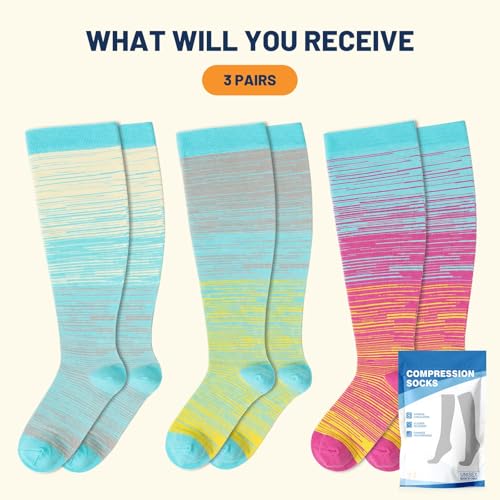 Image of Plus Size Compression Socks 20-30mmHg Wide Calf for Women Men | Extra Large Knee High Compression Socks for Flying, Travel, Nurses, Pregnancy, 3Pairs