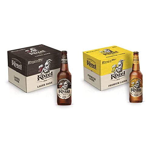 Kozel Birra Lager Dark, Cassa Birra con 20 Birre in Bottiglia da 50 cl, 10 L, 3.5% Vol & Birra Premium Lager, Cassa Birra con 20 Birre in Bottiglia da 50 cl, 10 L, 4.6% Vol