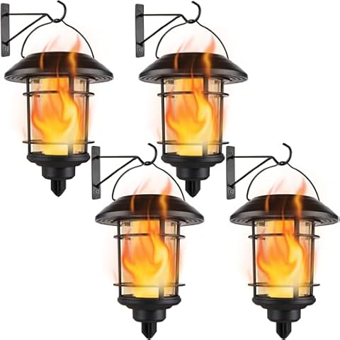 Dynaming 4 Pack Solar Flame Wall Lanterns Outdoor, Solar Powered Wall Mounted Sconce Lights, Flickering Flame LED Lights Auto On/Off Wall Hanging Lights, Waterproof for Garage Stair Patio Porch Yard Cover