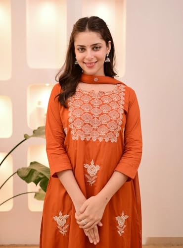 Image of Nermosa Women Embroidery Solid Straight Kurta and Pant Set with Dupatta