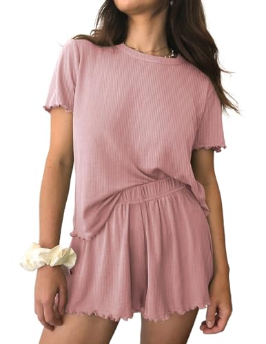 Image of Ekouaer Womens Pajamas 2 Piece Ribbed Knit Pjs Short Sleeve Sleepwear Set Summer Soft Pajamas Set Casual Lounge Sets