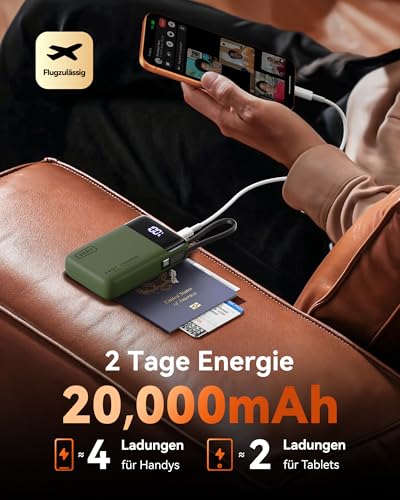 INIU 45W Power Bank, Ultra Klein 20000mAh Powerbank mit Integriertem USB C Kabel, Schnellladen Externe Handyakkus für Camping, Wandern, Outdoor Aktivitäten, Festival Nutzung, Grün 5