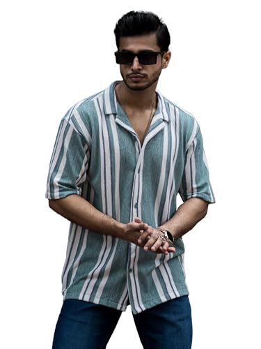 Image of Maniac Mens Striped Collar Neck Half Sleeve Jacquard Oversized Shirt