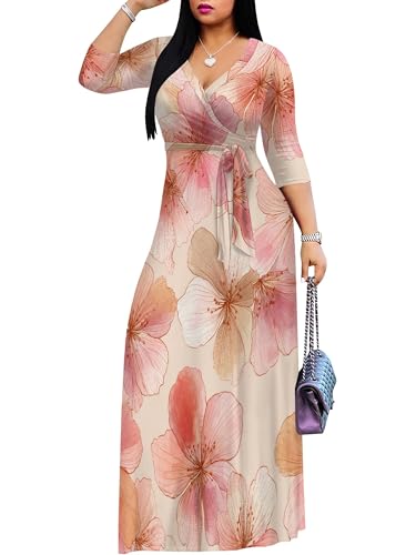 Image of Plus Size Dresses for Women Floral Print Maxi Dress Flowy 3 /4 Sleeve with Belt