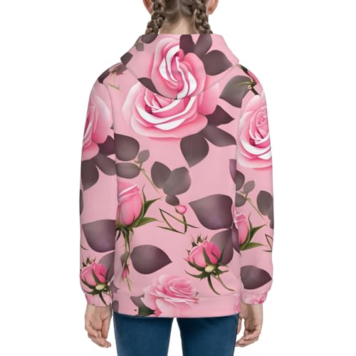 Pretty Pink Roses Print Girls Athletic Zip Up Hoodies,Sweatshirts with Pockets Long Sleeve Hooded Jackets, for 7-18 Y4