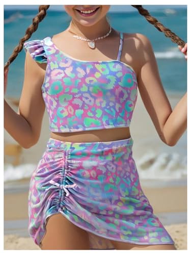 Image of MakeMeChic Girl's Three Piece Leopard Print Asymmetrical Neck Ruffle Bikini Set with Drawstring Cover Up Skirt
